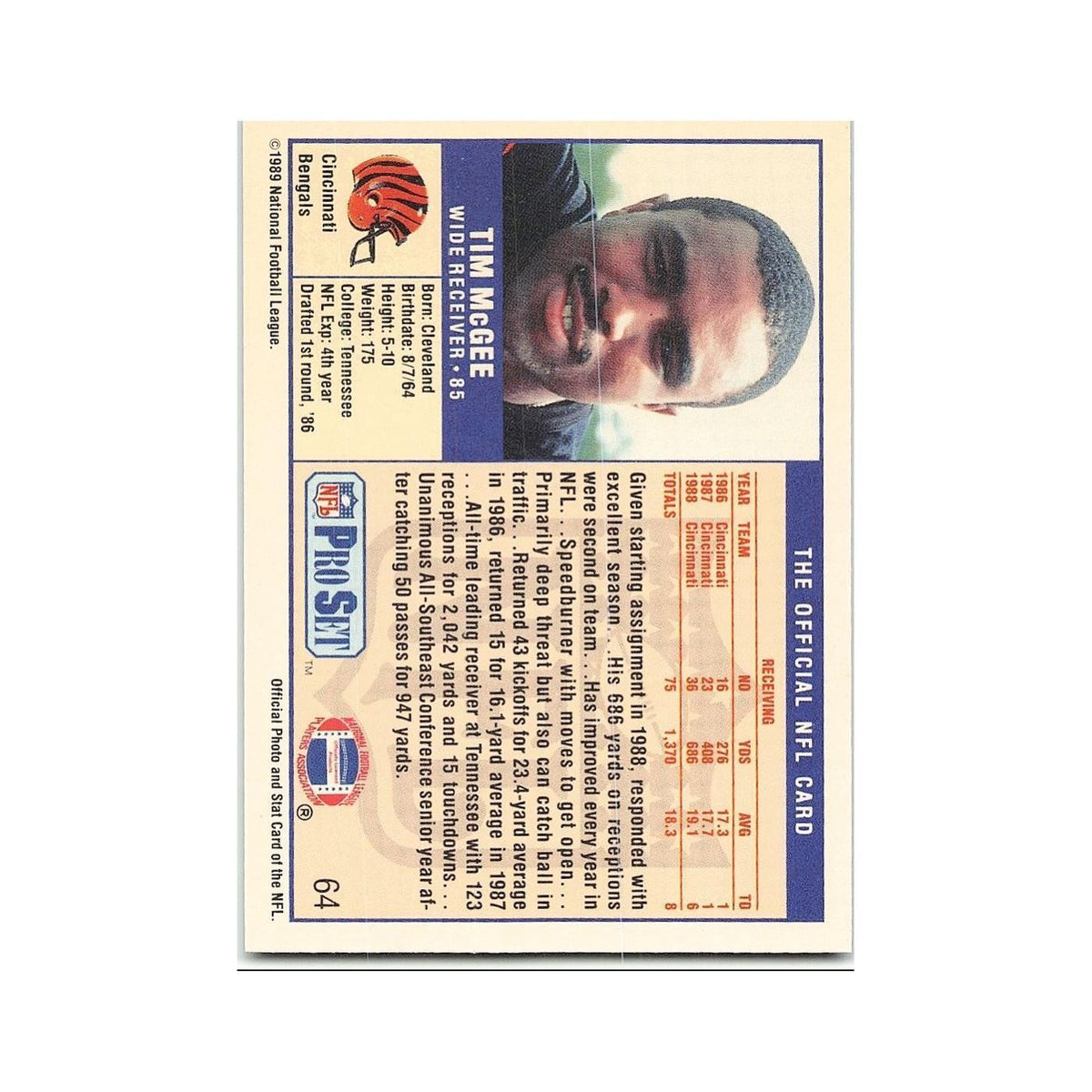 Tim McGee 1989 Pro Set #64 Cincinnati Bengals Football Card NM