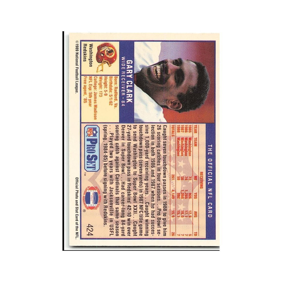 Gary Clark 1989 Pro Set #424 Washington Redskins Football Card NM