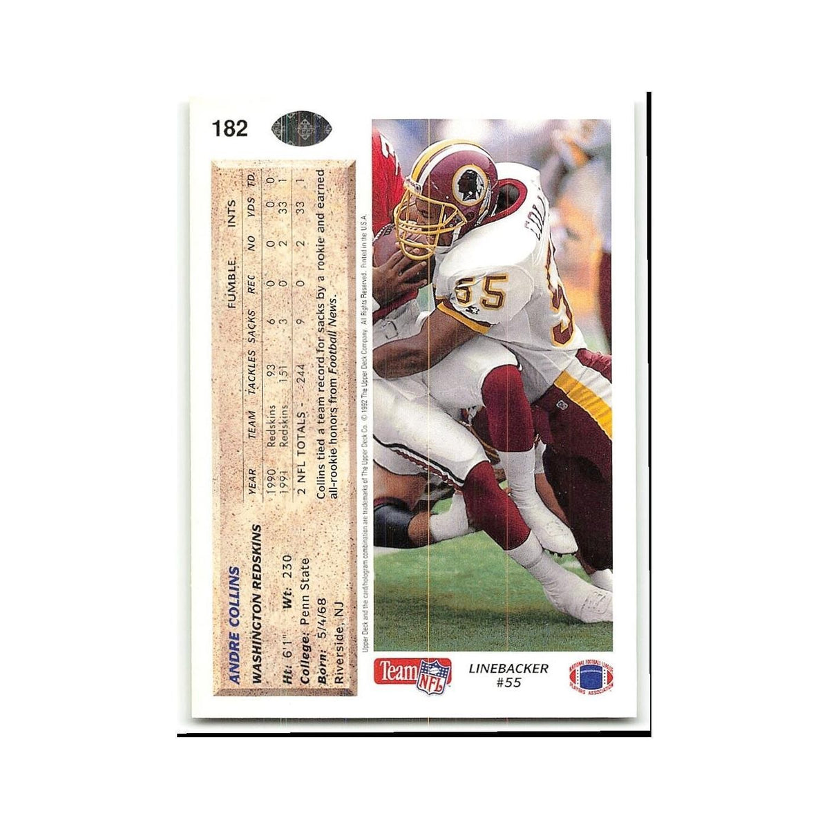 Andre Collins 1992 Upper Deck #182 Washington Redskins Football Card NM