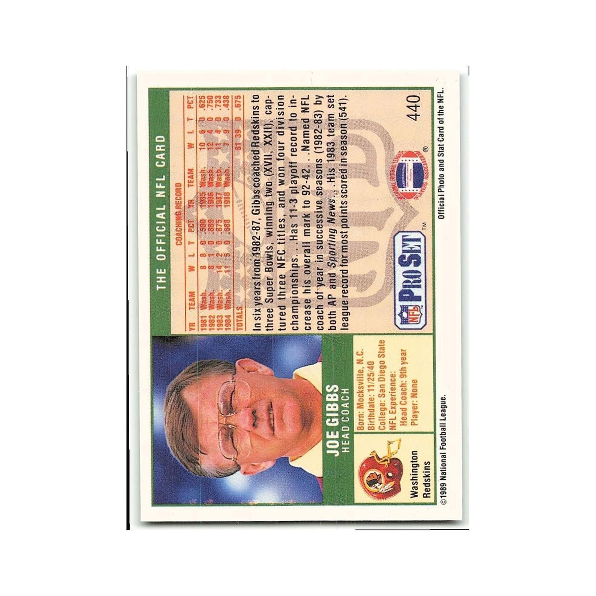 Joe Gibbs 1989 Pro Set #440 Washington Redskins Football Card NM
