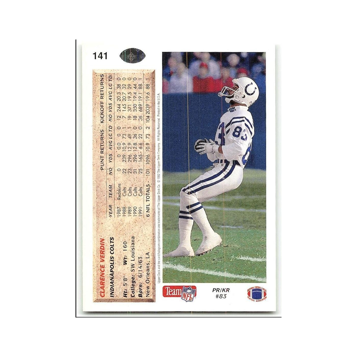 Clarence Verdin 1992 Upper Deck #141 Indianapolis Colts Football Card NM