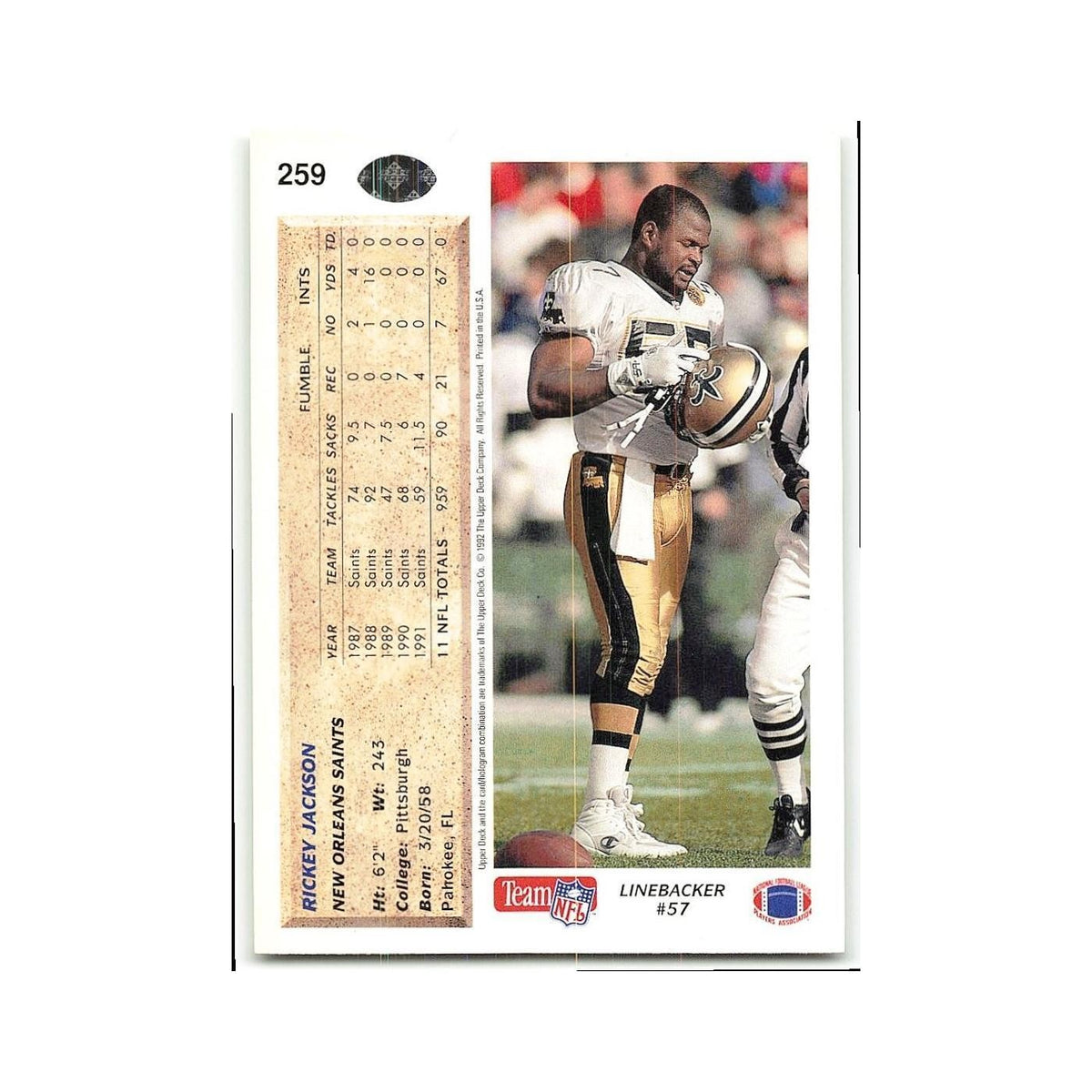 Rickey Jackson 1992 Upper Deck #259 New Orleans Saints Football Card NM