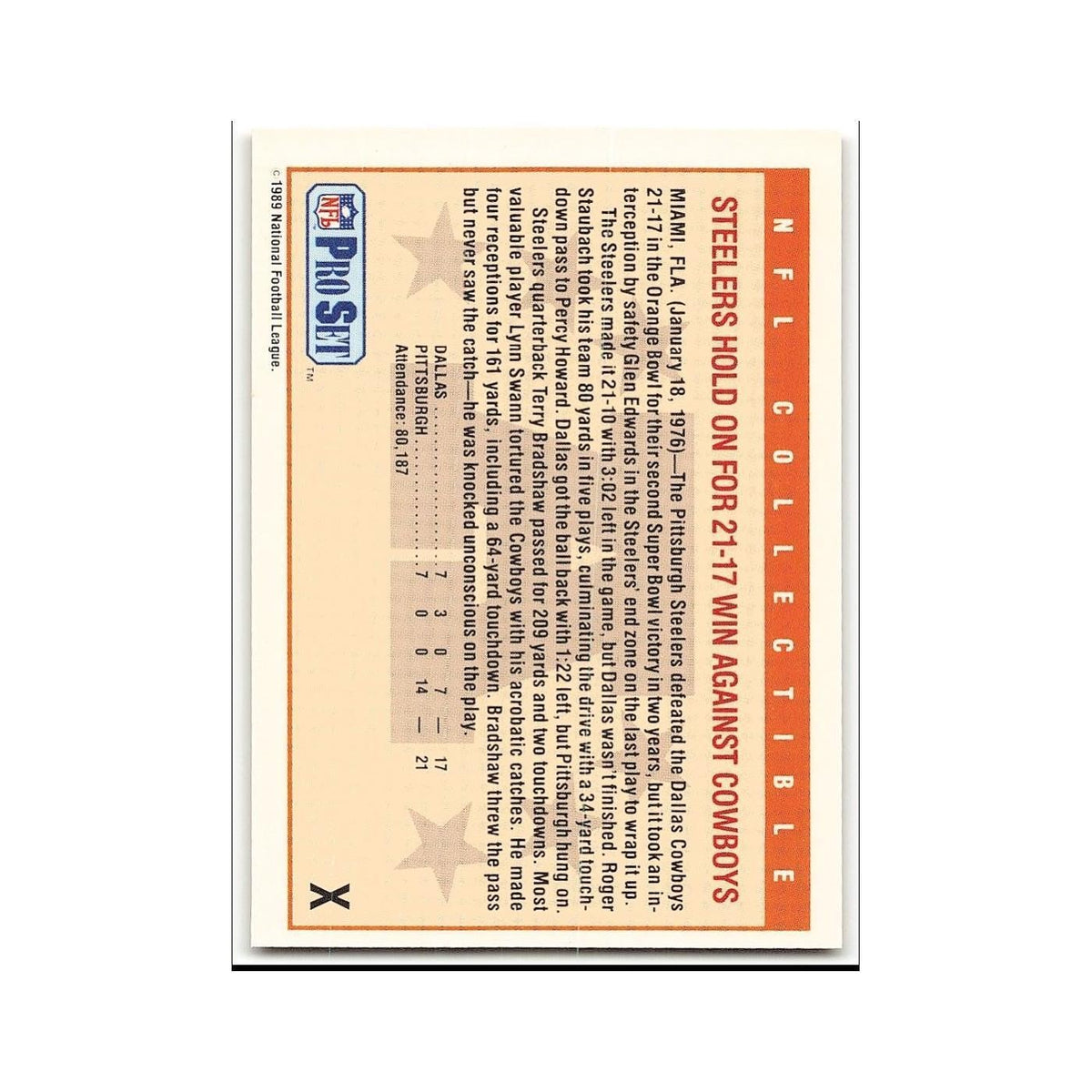 Super Bowl X 1989 Pro Set #X Pittsburgh Steelers Football Card NM