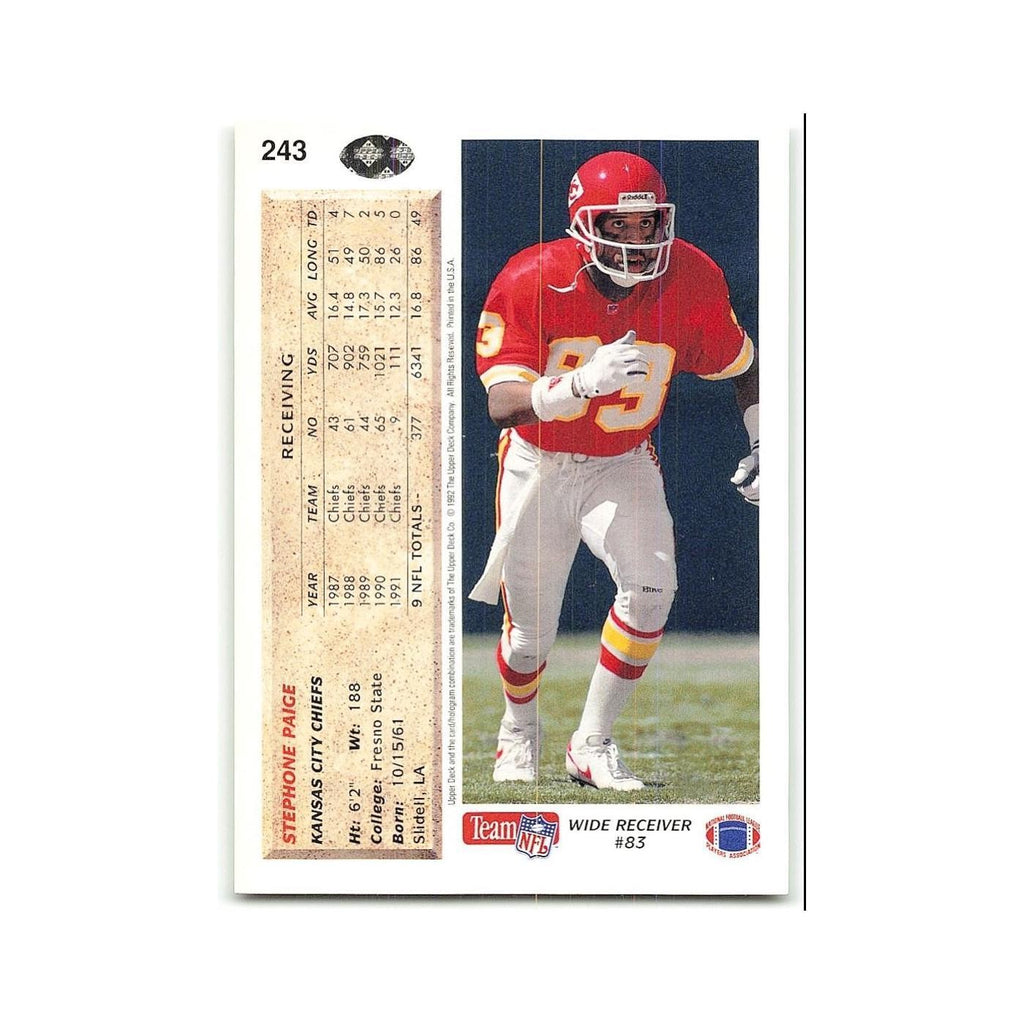 Stephone Paige 1992 Upper Deck #243 Kansas City Chiefs Football Card NM