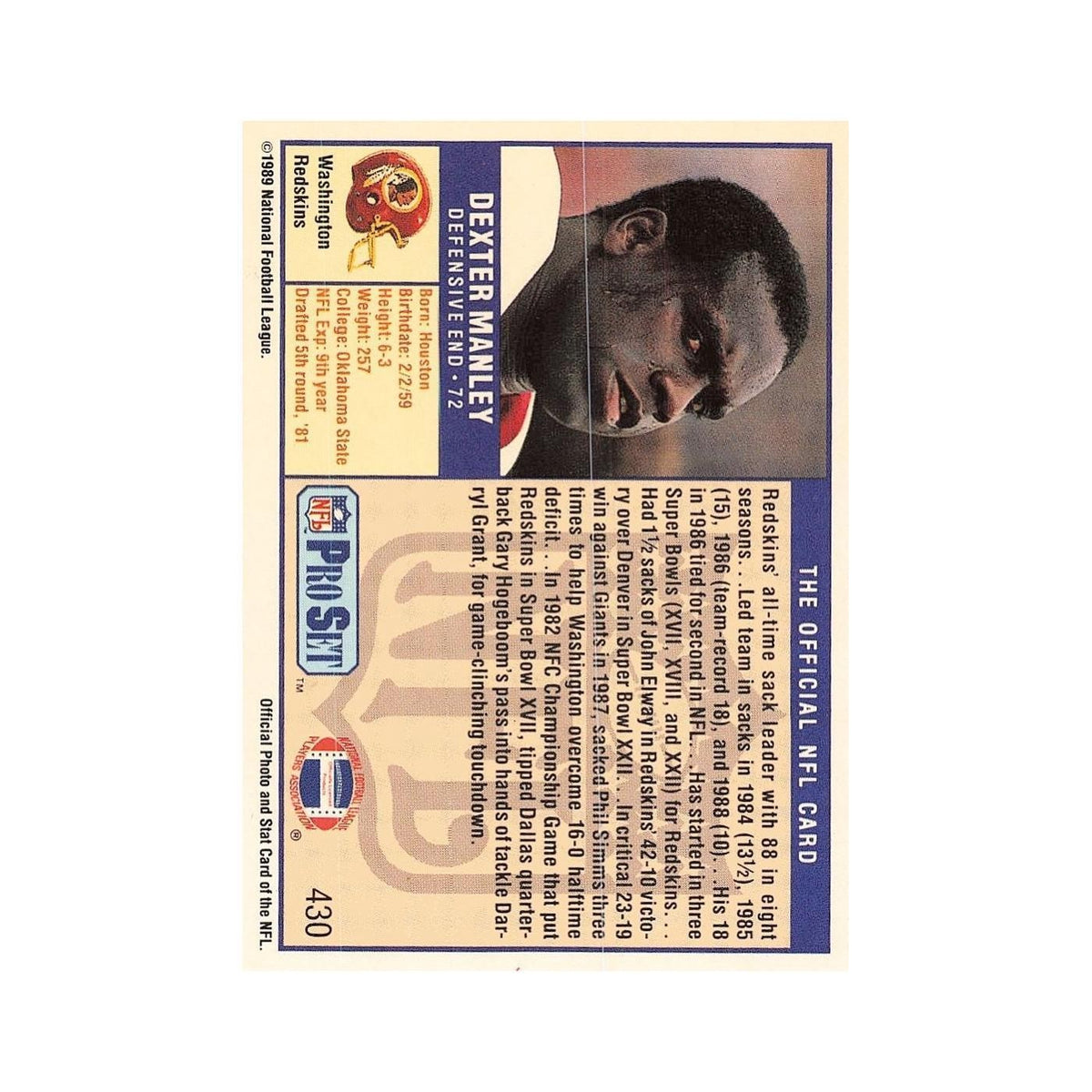 Dexter Manley 1989 Pro Set #430 Washington Redskins Football Card NM