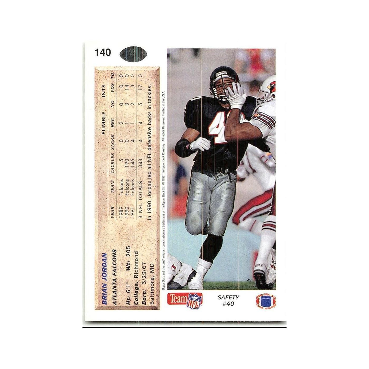 Brian Jordan 1992 Upper Deck #140 Atlanta Falcons Football Card NM