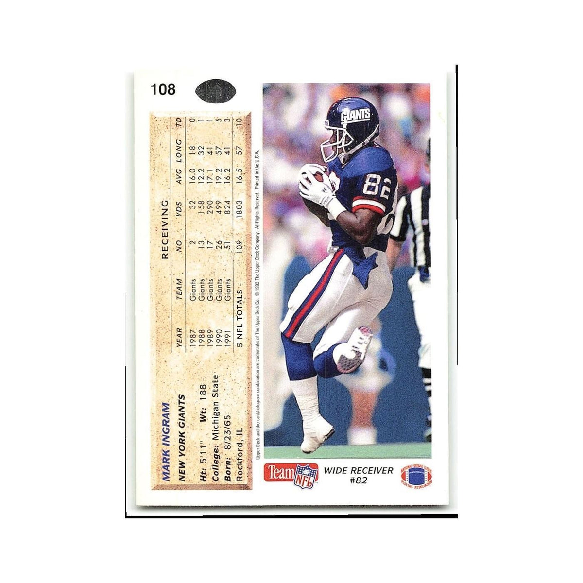 Mark Ingram 1992 Upper Deck #108 New York Giants Football Card NM