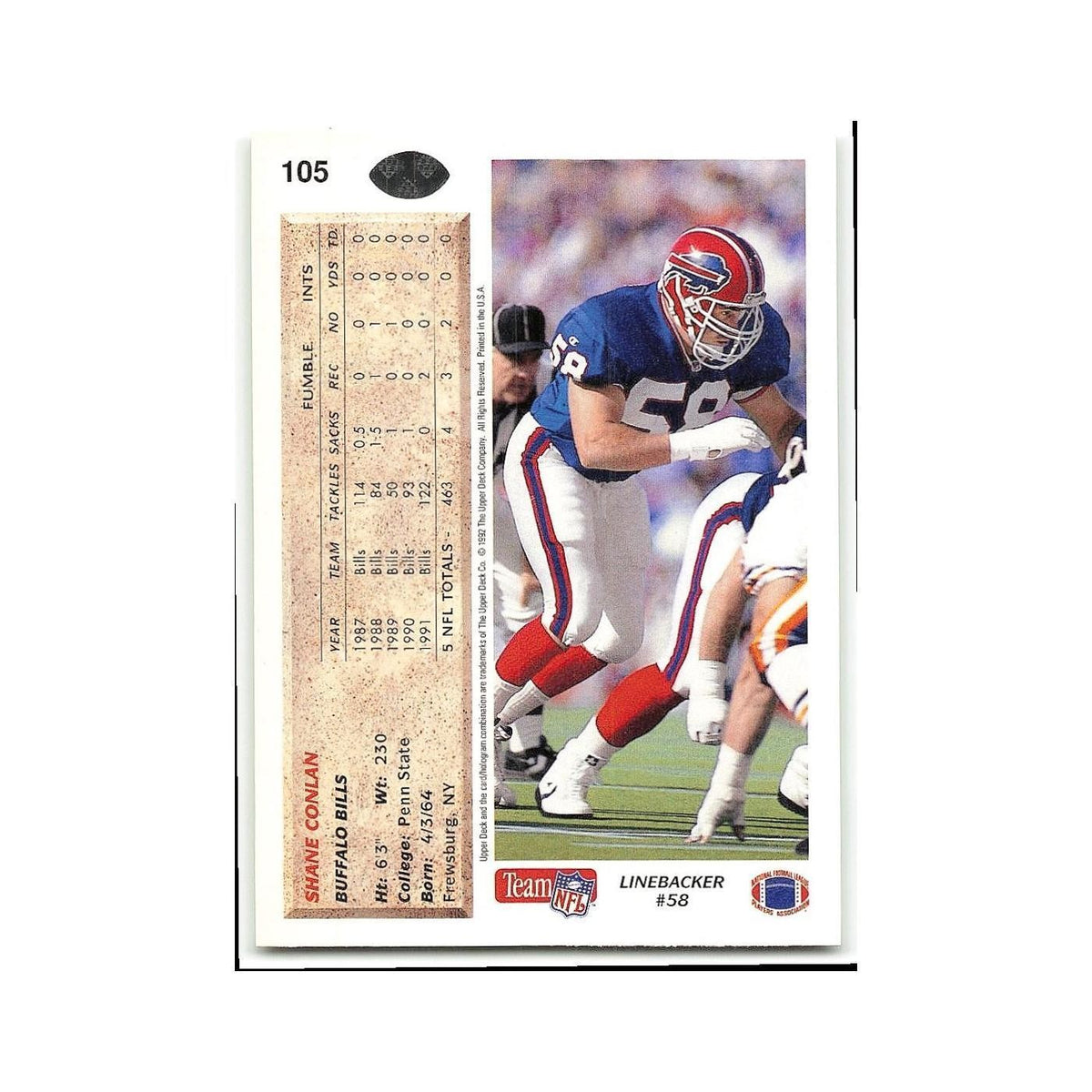 Shane Conlan 1992 Upper Deck #105 Buffalo Bills Football Card NM