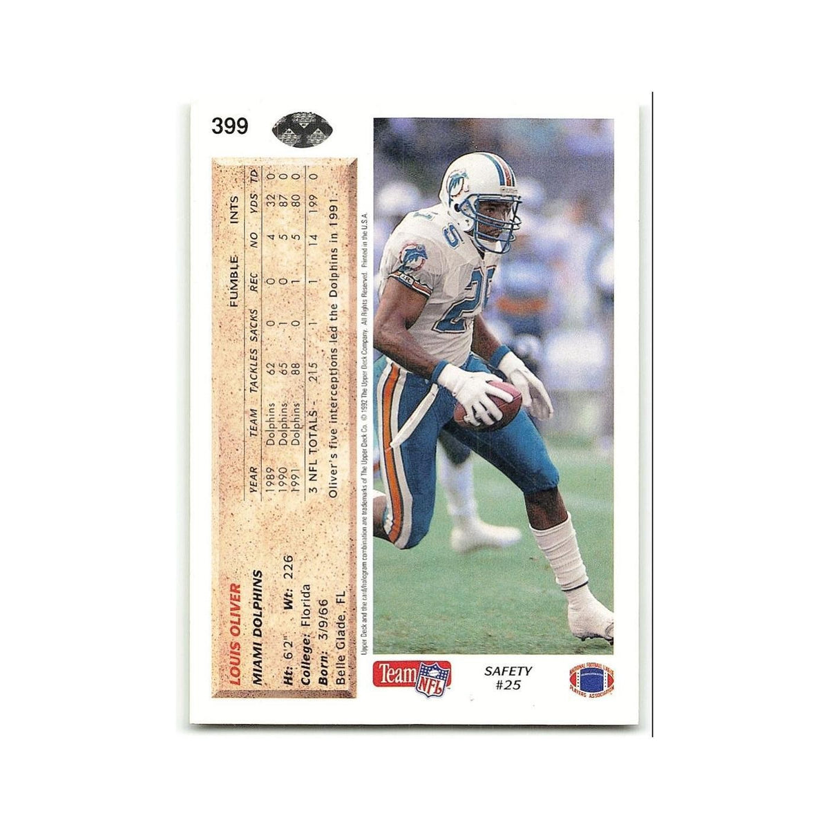 Louis Oliver 1992 Upper Deck #399 Miami Dolphins Football Card NM