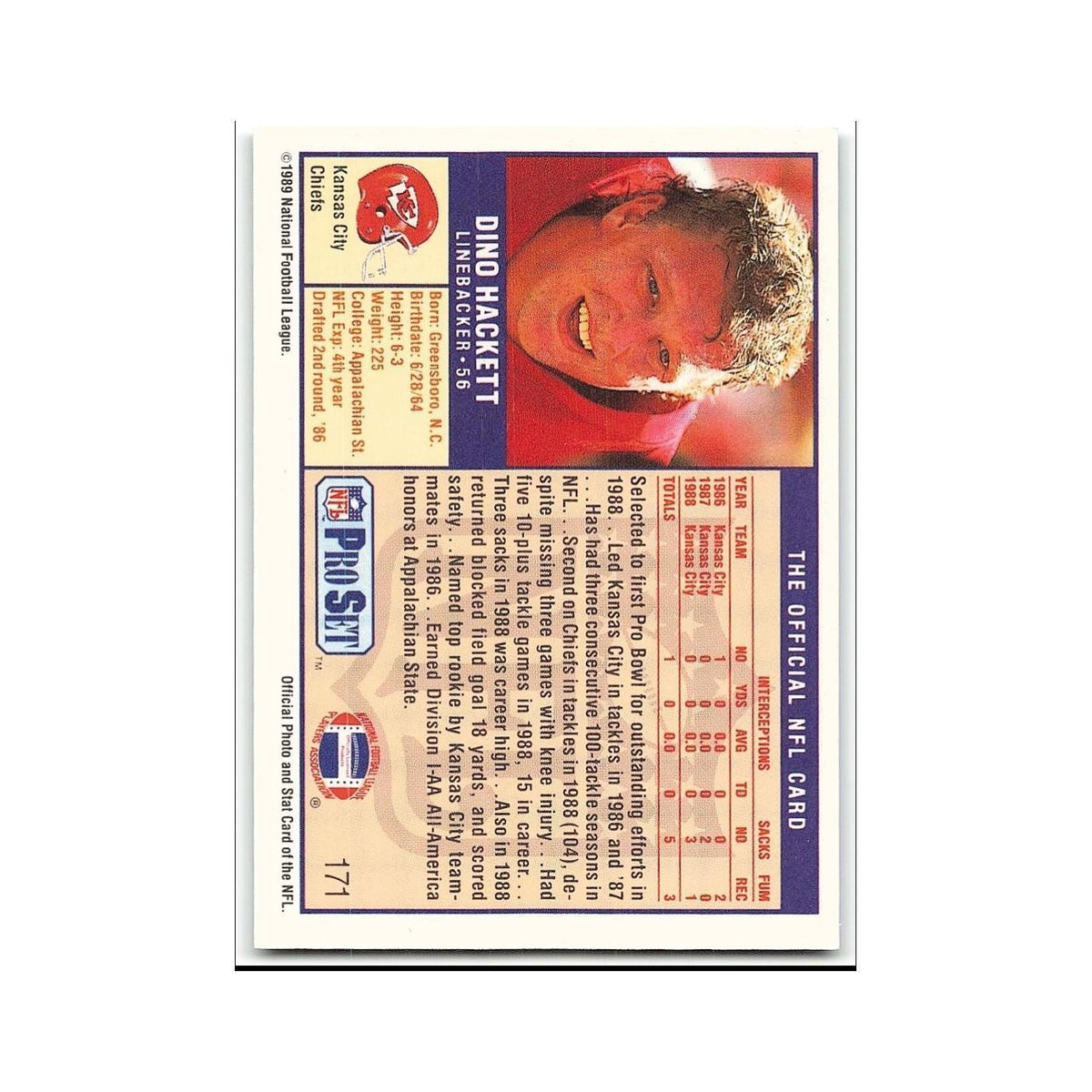 Dino Hackett 1989 Pro Set #171 Kansas City Chiefs Football Card NM