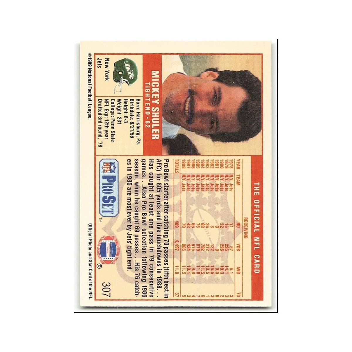 Mickey Shuler 1989 Pro Set #307 New York Jets Football Card NM
