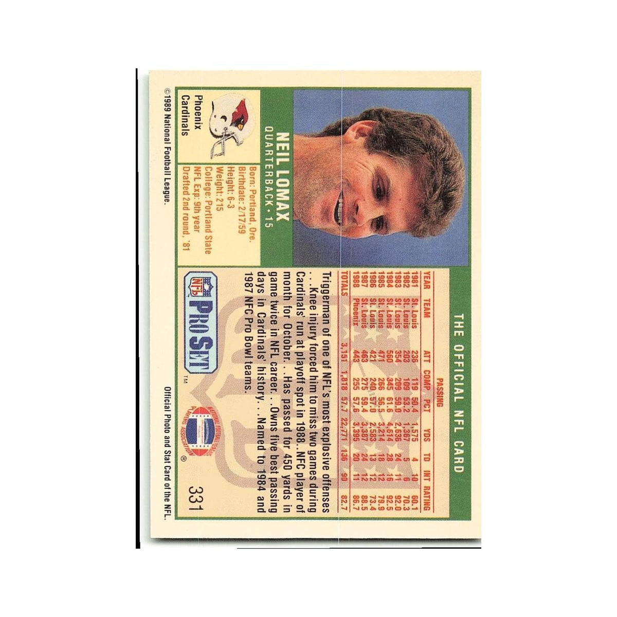 Neil Lomax 1989 Pro Set #331 Phoenix Cardinals Football Card NM