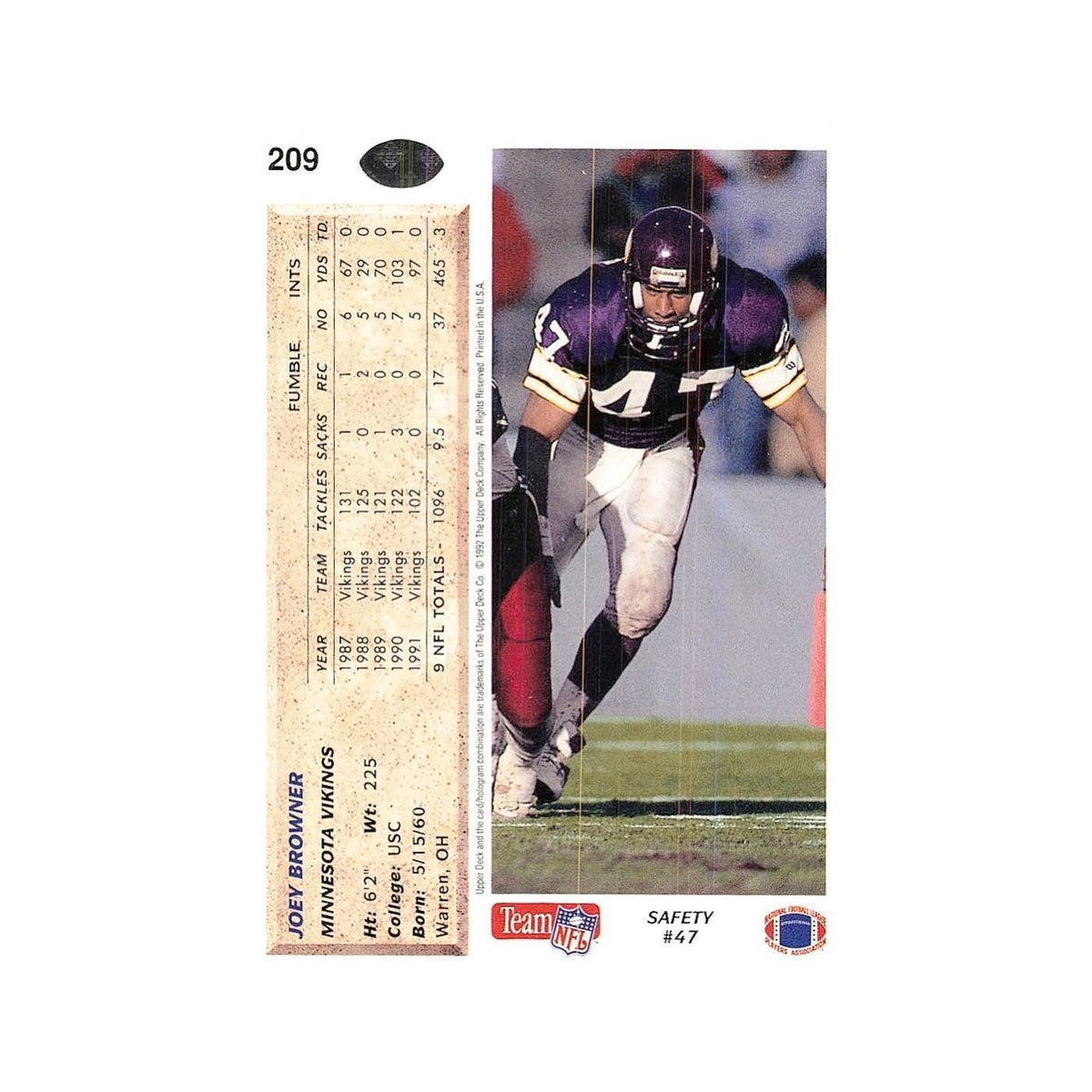 Joey Browner 1992 Upper Deck #209 Minnesota Vikings Football Card NM