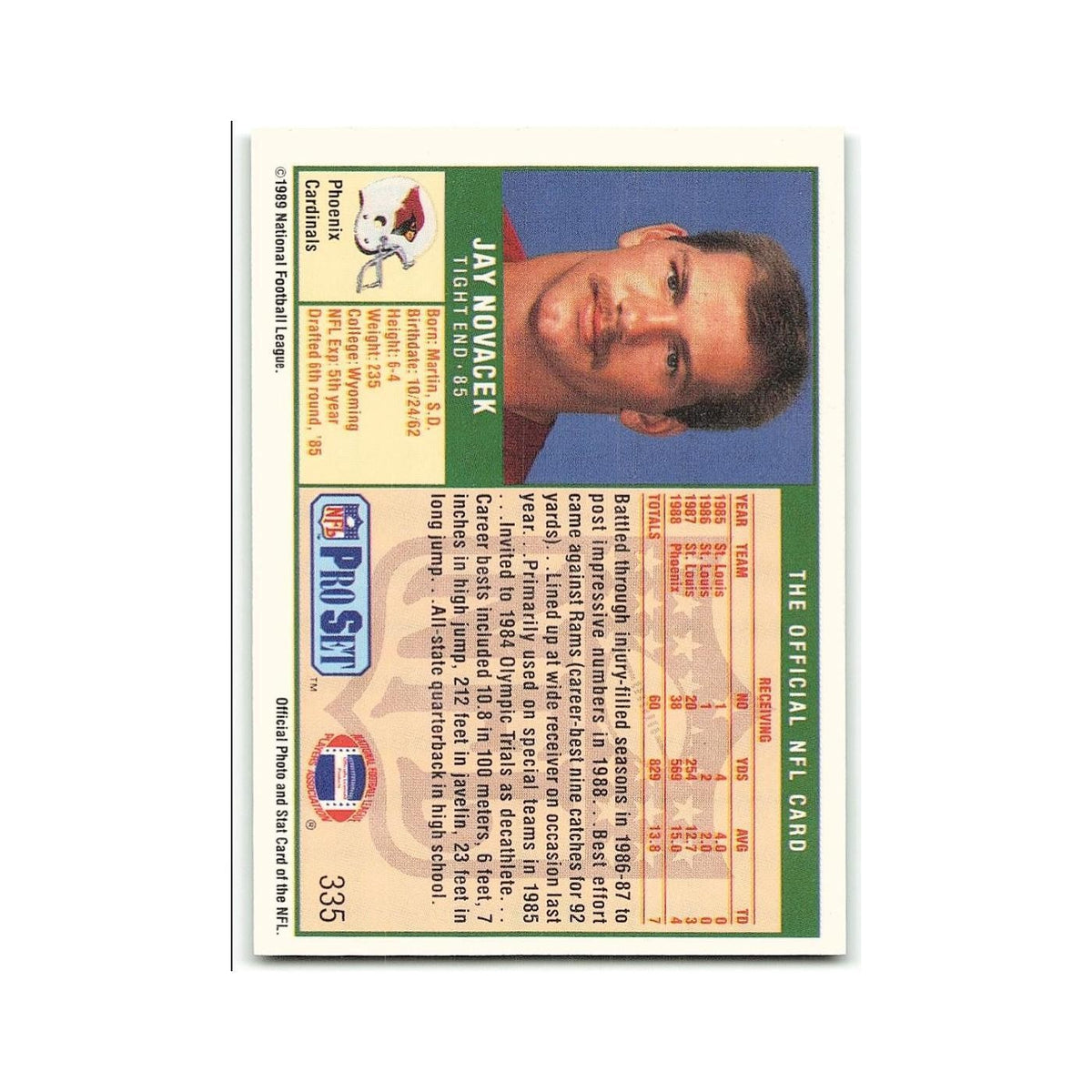 Jay Novacek Rookie 1989 Pro Set #335 Phoenix Cardinals Football Card NM