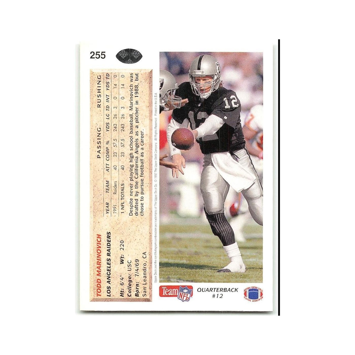 Todd Marinovich 1992 Upper Deck #255 Los Angeles Raiders Football Card NM