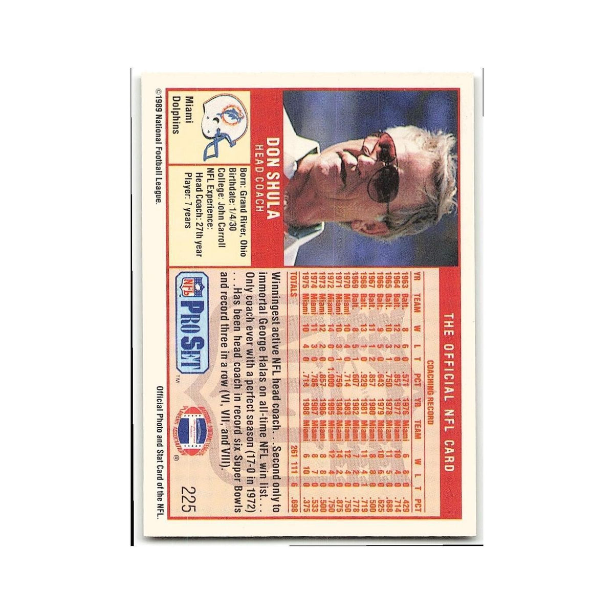 Don Shula 1989 Pro Set #225 Miami Dolphins Football Card NM