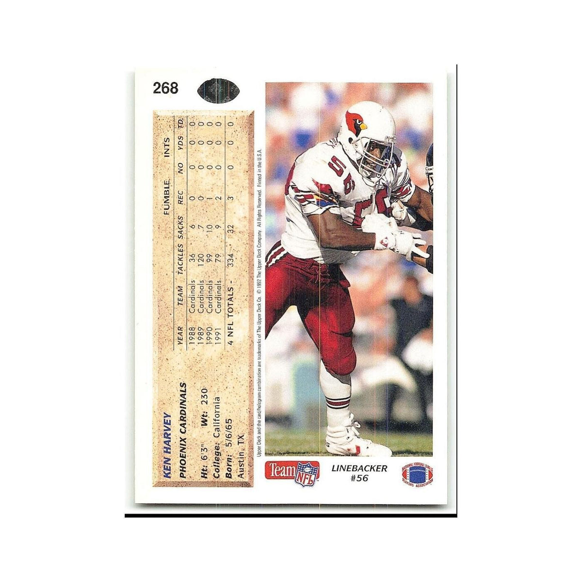 Ken Harvey 1992 Upper Deck #268 Phoenix Cardinals Football Card NM