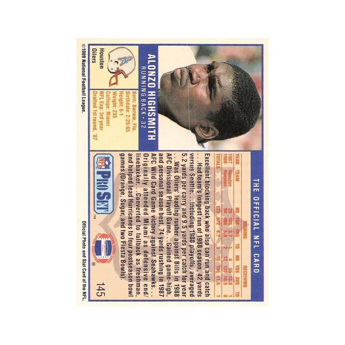 Alonzo Highsmith 1989 Pro Set #145 Houston Oilers Football Card NM