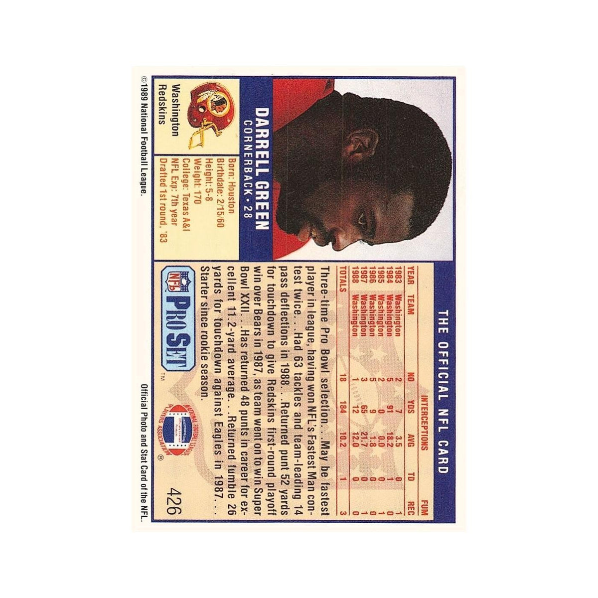 Darrell Green 1989 Pro Set #426 Washington Redskins Football Card NM