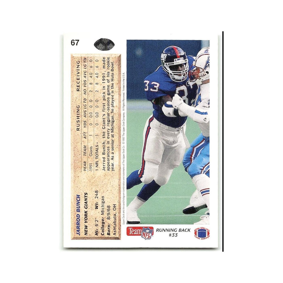 Jarrod Bunch 1992 Upper Deck #67 New York Giants Football Card NM