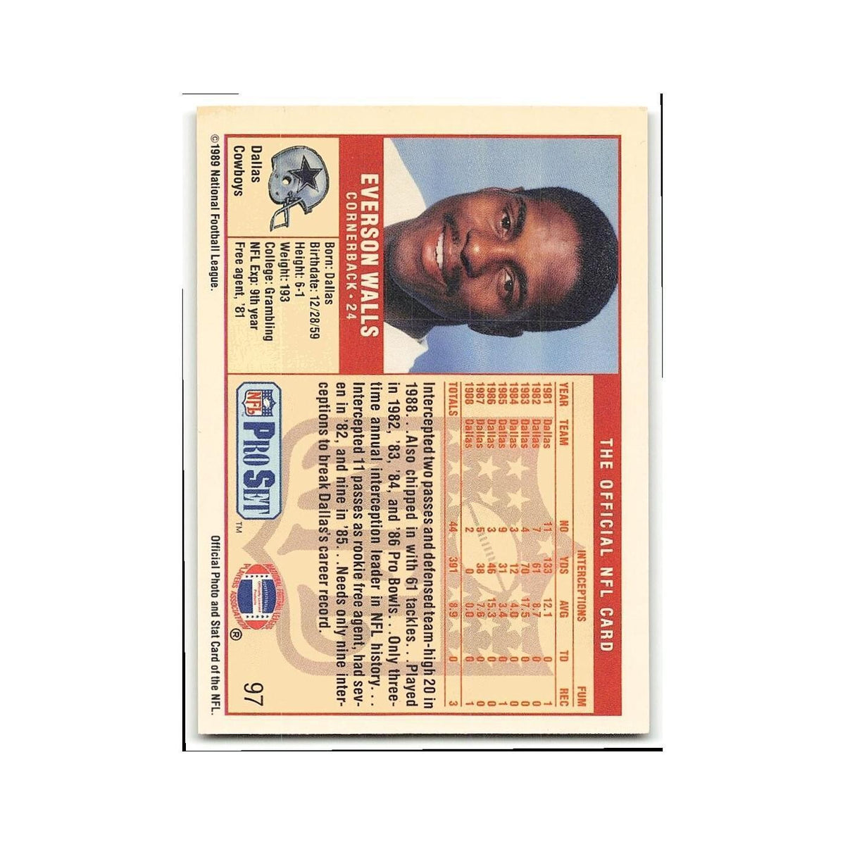 Everson Walls 1989 Pro Set #97 Dallas Cowboys Football Card NM