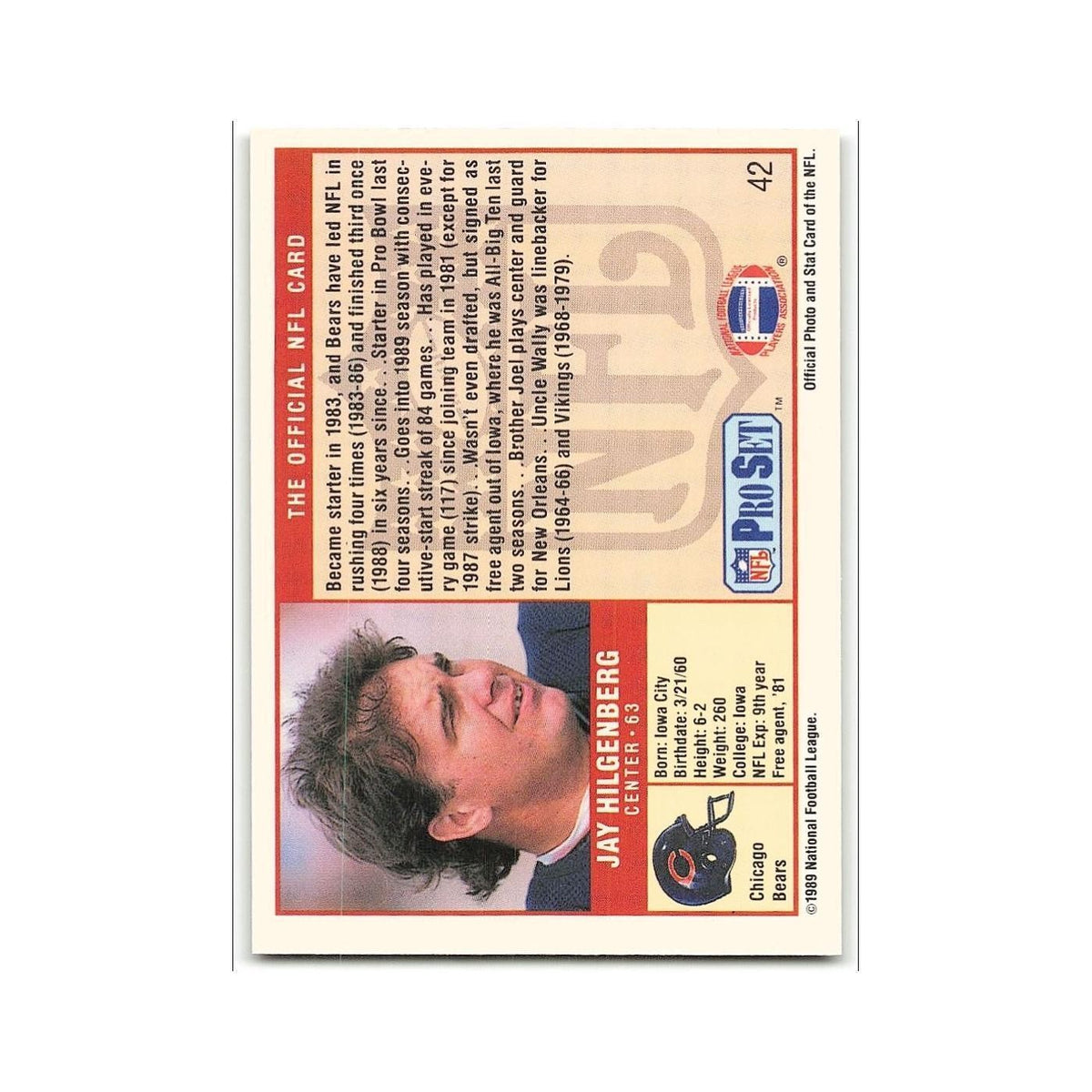 Jay Hilgenberg 1989 Pro Set #42 Chicago Bears Football Card NM