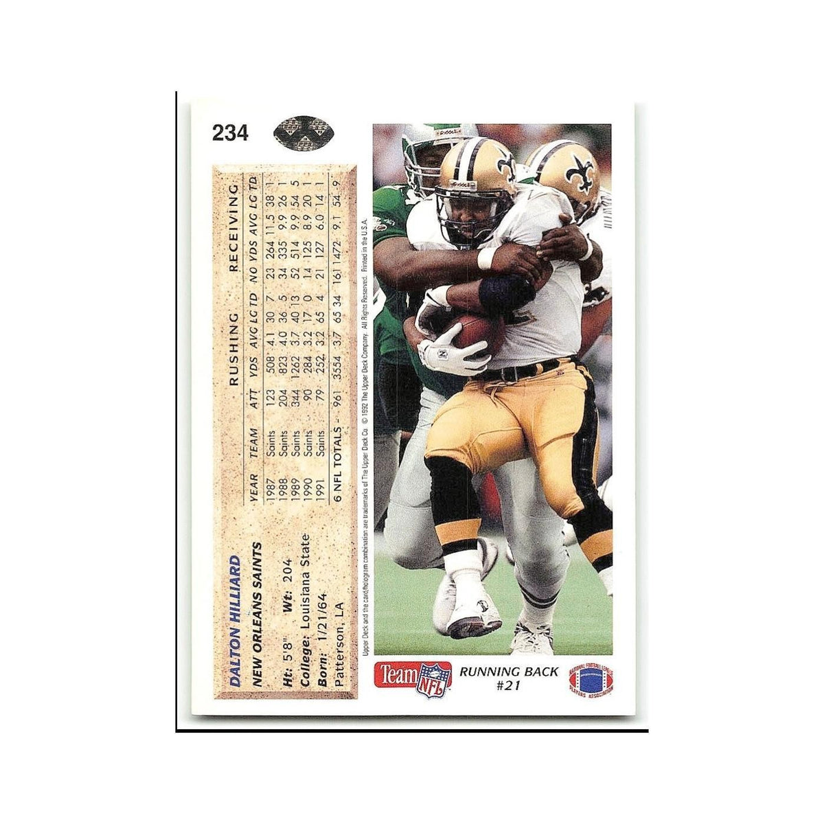 Dalton Hilliard 1992 Upper Deck #234 New Orleans Saints Football Card NM