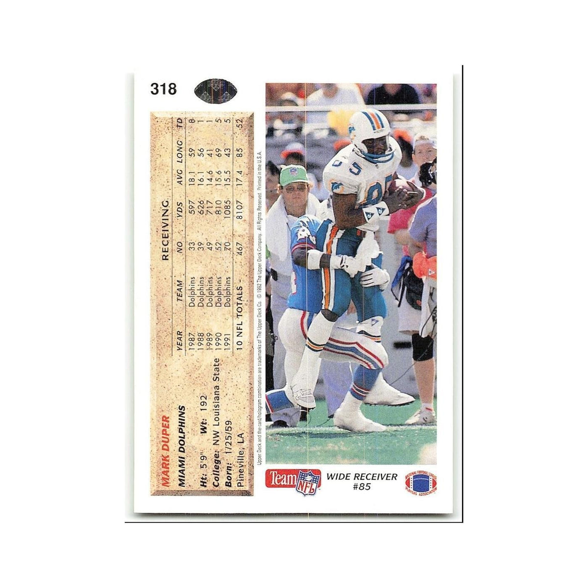 Mark Duper 1992 Upper Deck #318 Miami Dolphins Football Card NM
