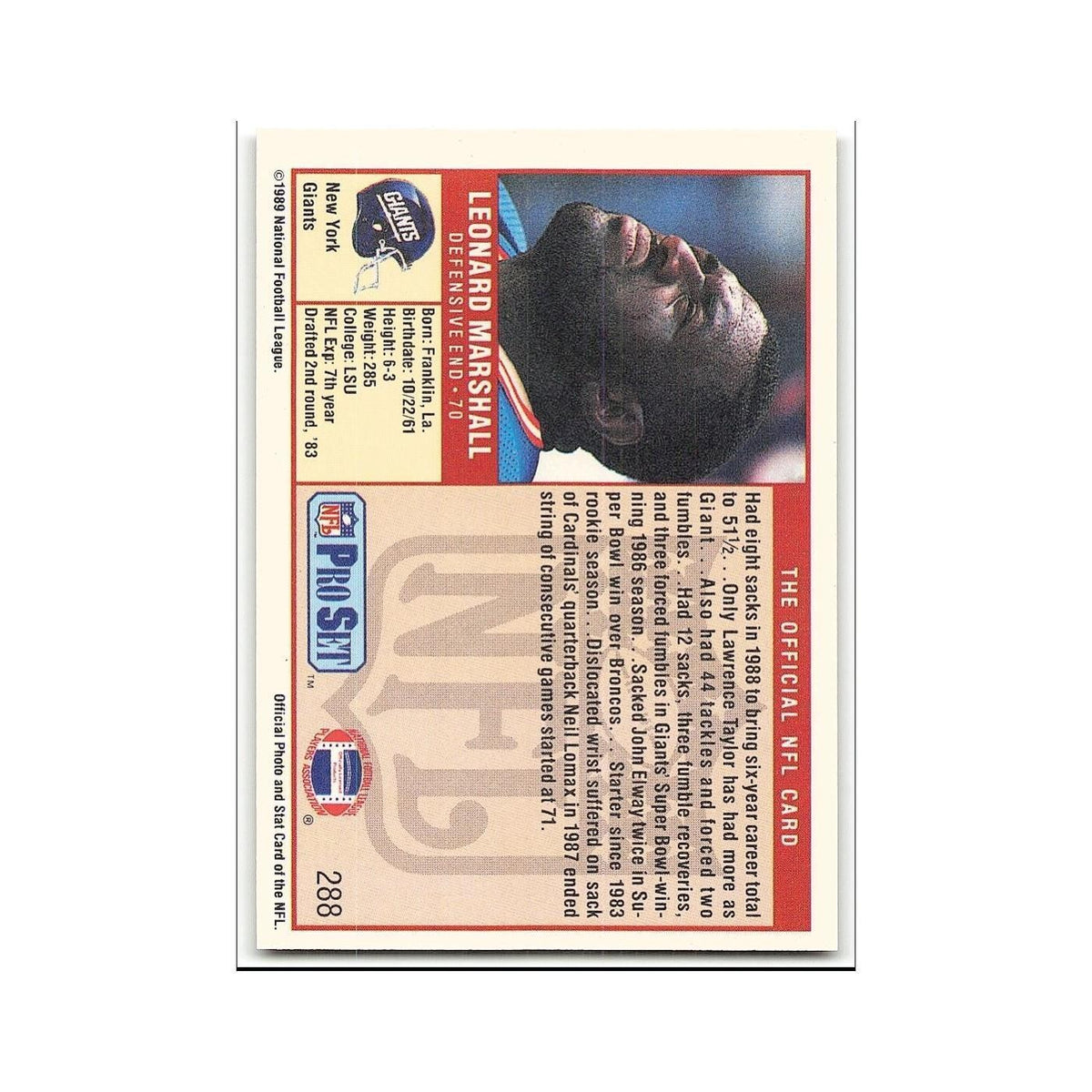 Leonard Marshall 1989 Pro Set #288 New York Giants Football Card NM