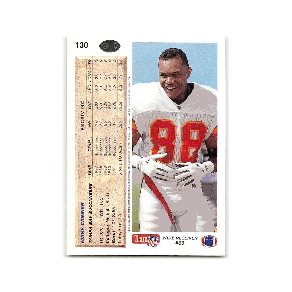 Mark Carrier 1992 Upper Deck #130 Tampa Bay Buccaneers Football Card NM