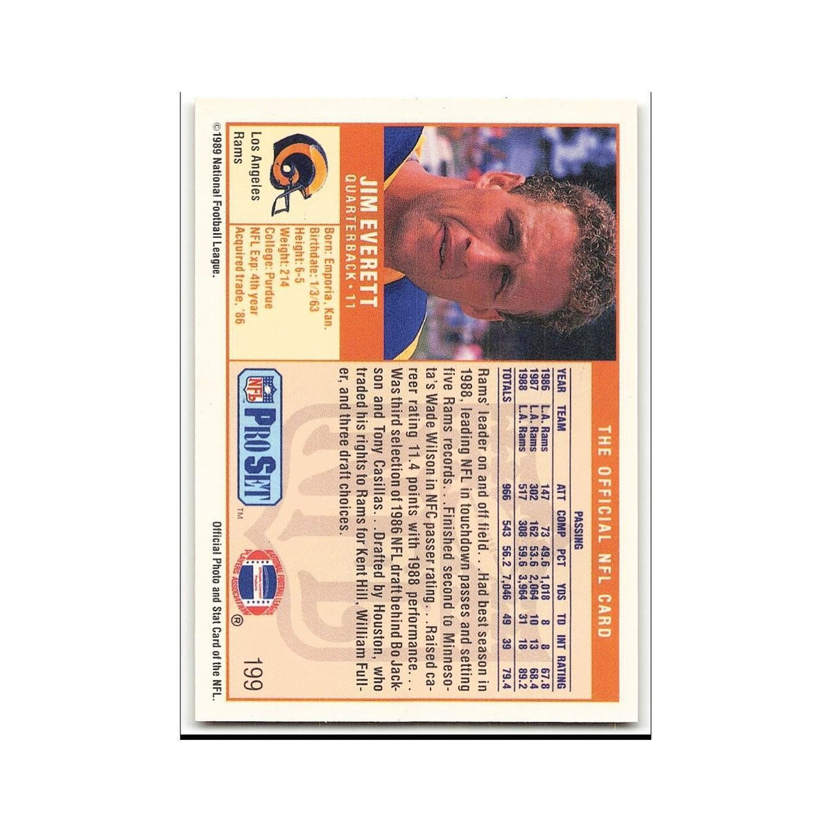 Jim Everett 1989 Pro Set #199 Los Angeles Rams Football Card NM