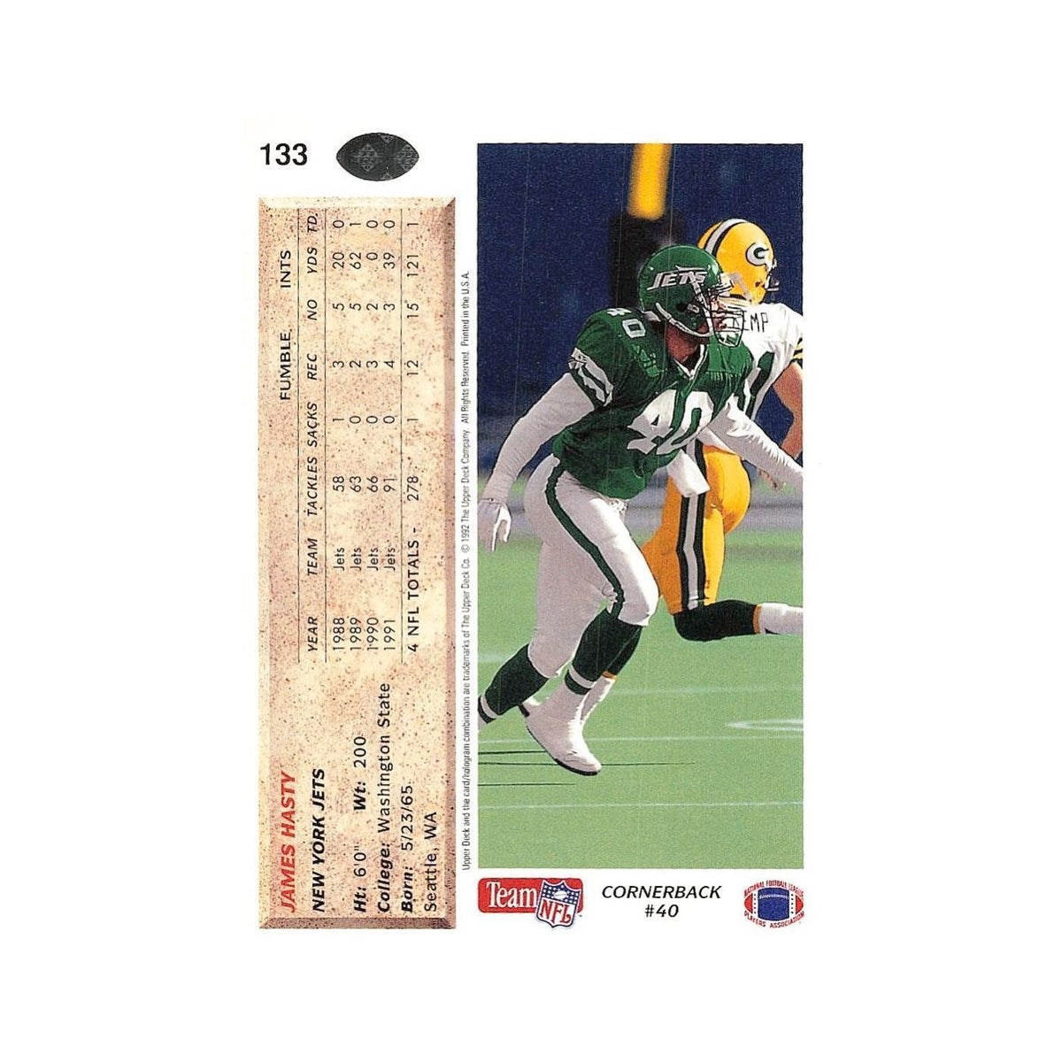 James Hasty 1992 Upper Deck #133 New York Jets Football Card NM