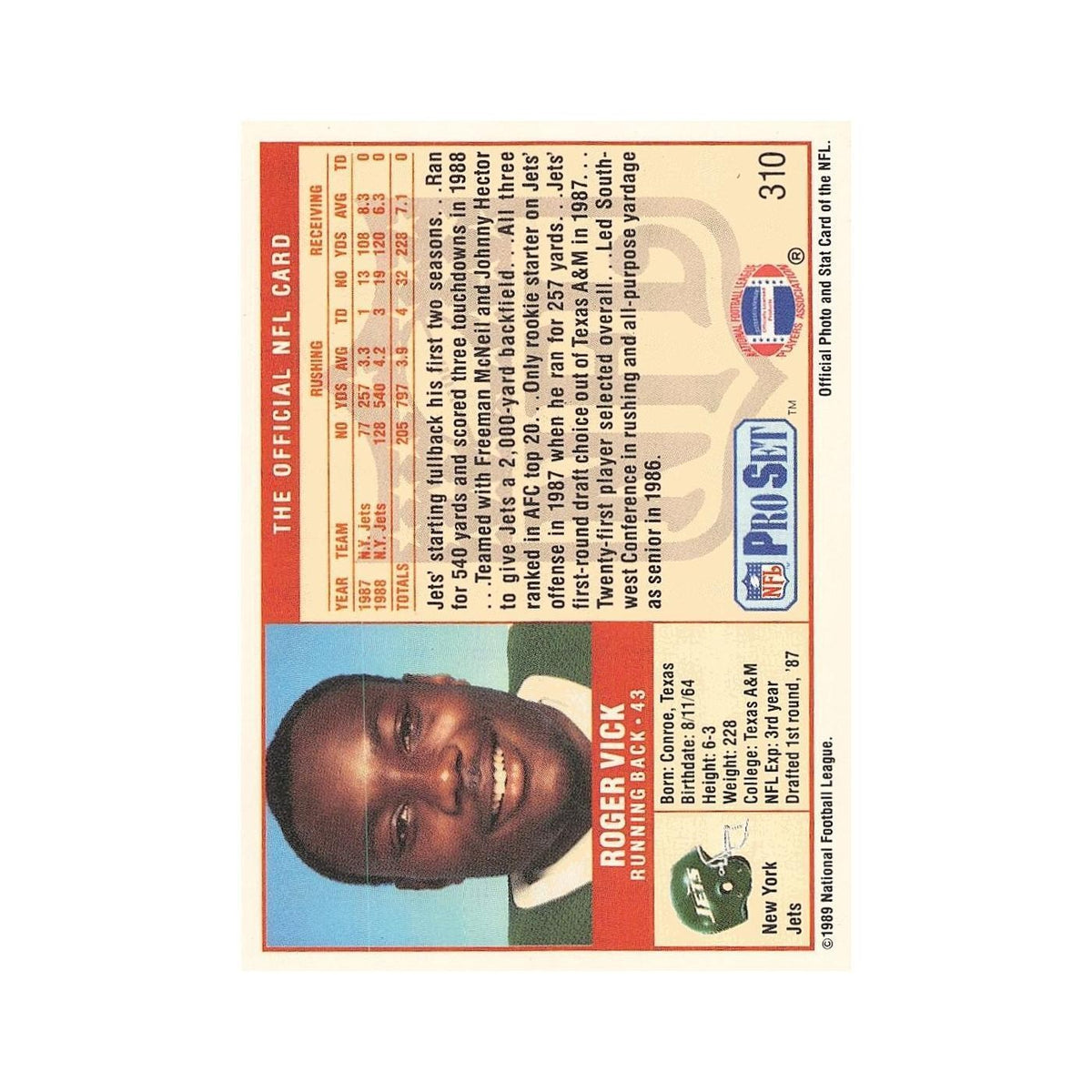 Roger Vick 1989 Pro Set #310 New York Jets Football Card NM