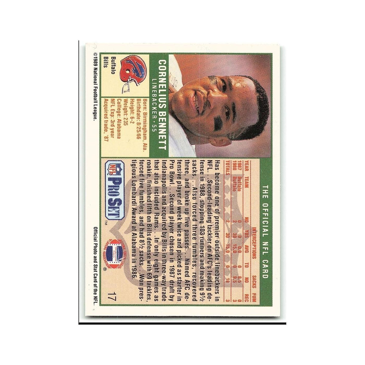 Cornelius Bennett 1989 Pro Set #17 Buffalo Bills Football Card NM