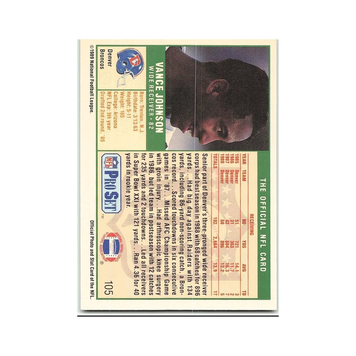 Vance Johnson 1989 Pro Set #105 Denver Broncos Football Card NM