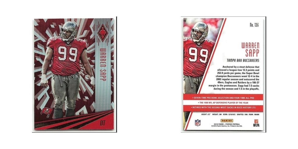 Warren Sapp 2016 Panini Phoenix #136 Tampa Bay Buccaneers Football Card NM