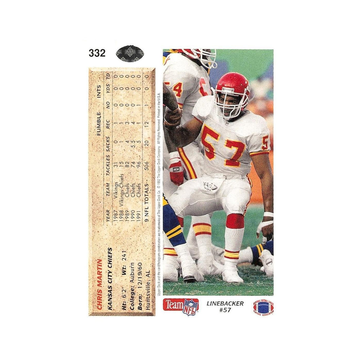 Chris Martin 1992 Upper Deck #332 Kansas City Chiefs Football Card NM