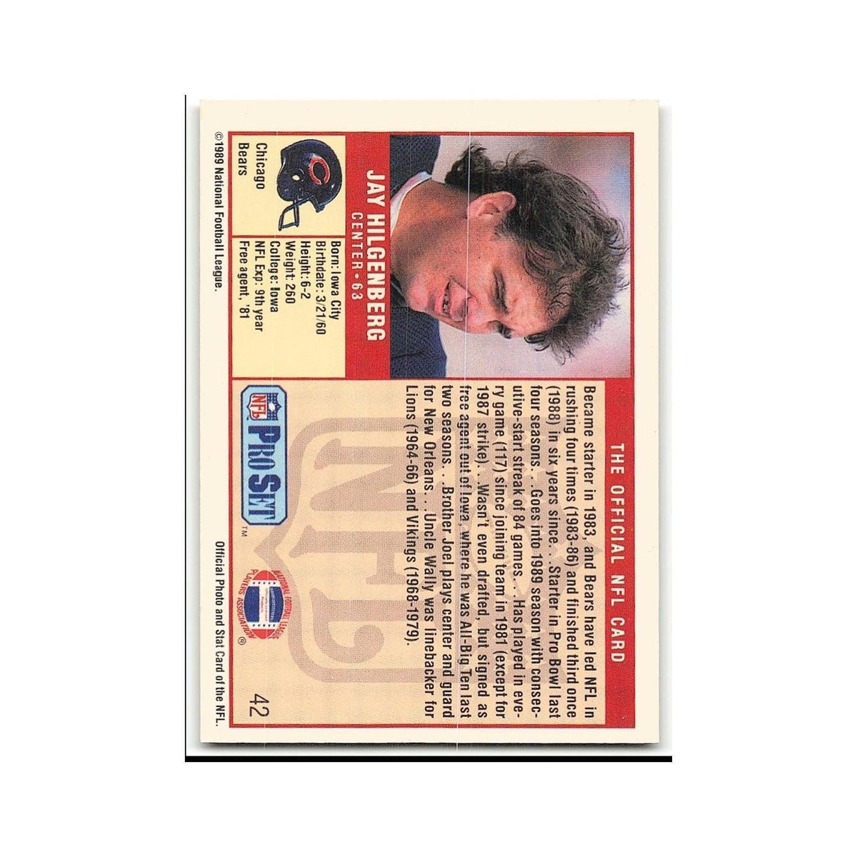 Jay Hilgenberg 1989 Pro Set #42 Chicago Bears Football Card NM