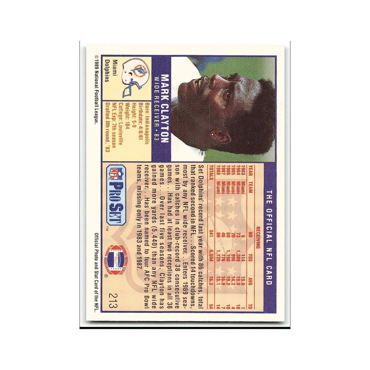 Mark Clayton 1989 Pro Set #213 Miami Dolphins Football Card NM