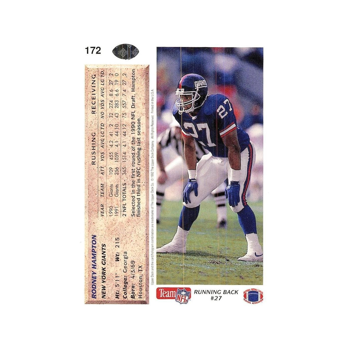 Rodney Hampton 1992 Upper Deck #172 New York Giants Football Card NM