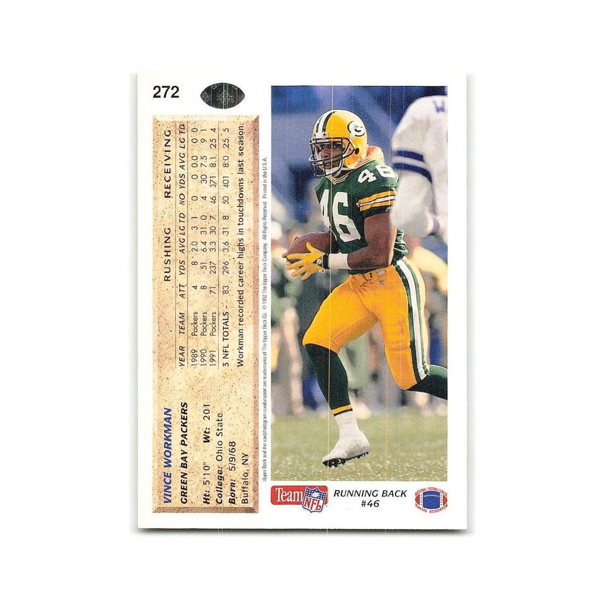 Vince Workman 1992 Upper Deck #272 Green Bay Packers Football Card NM