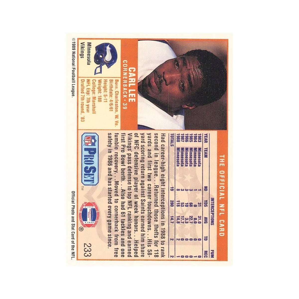Carl Lee Rookie 1989 Pro Set #233 Minnesota Vikings Football Card NM