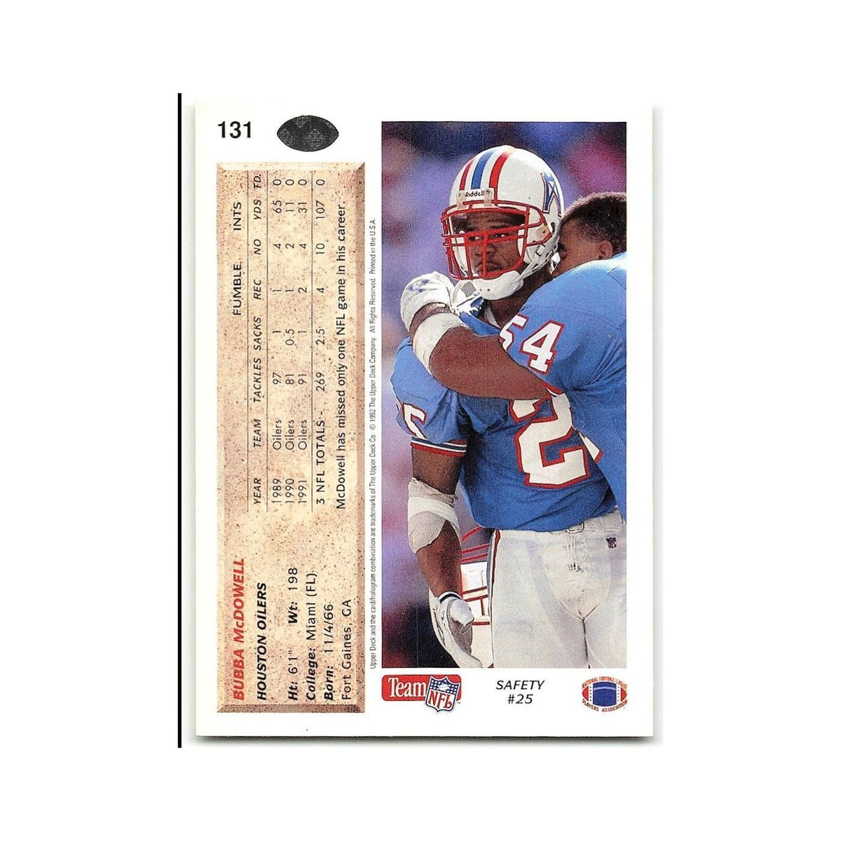 Bubba McDowell 1992 Upper Deck #131 Houston Oilers Football Card NM