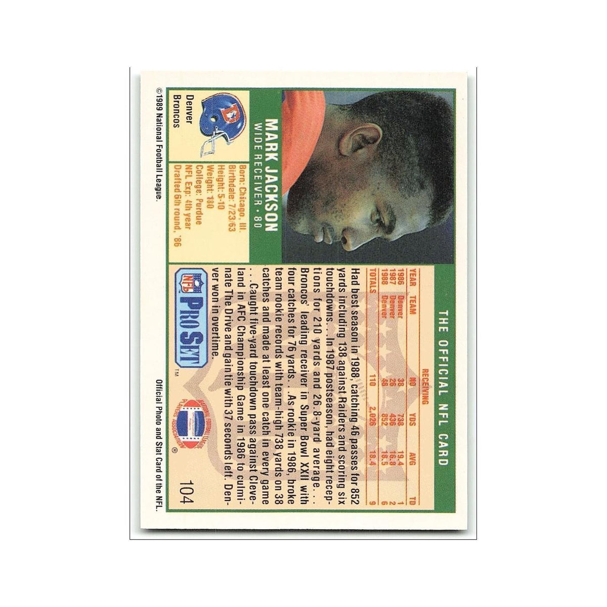 Mark Jackson 1989 Pro Set #104 Denver Broncos Football Card NM