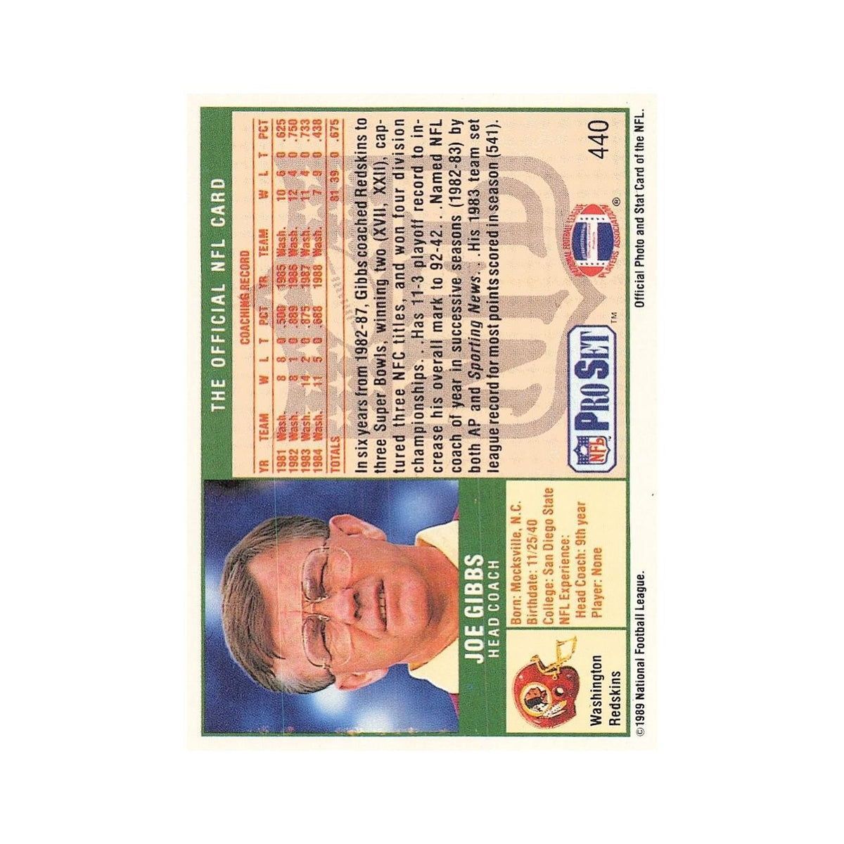 Joe Gibbs 1989 Pro Set #440 Washington Redskins Football Card NM
