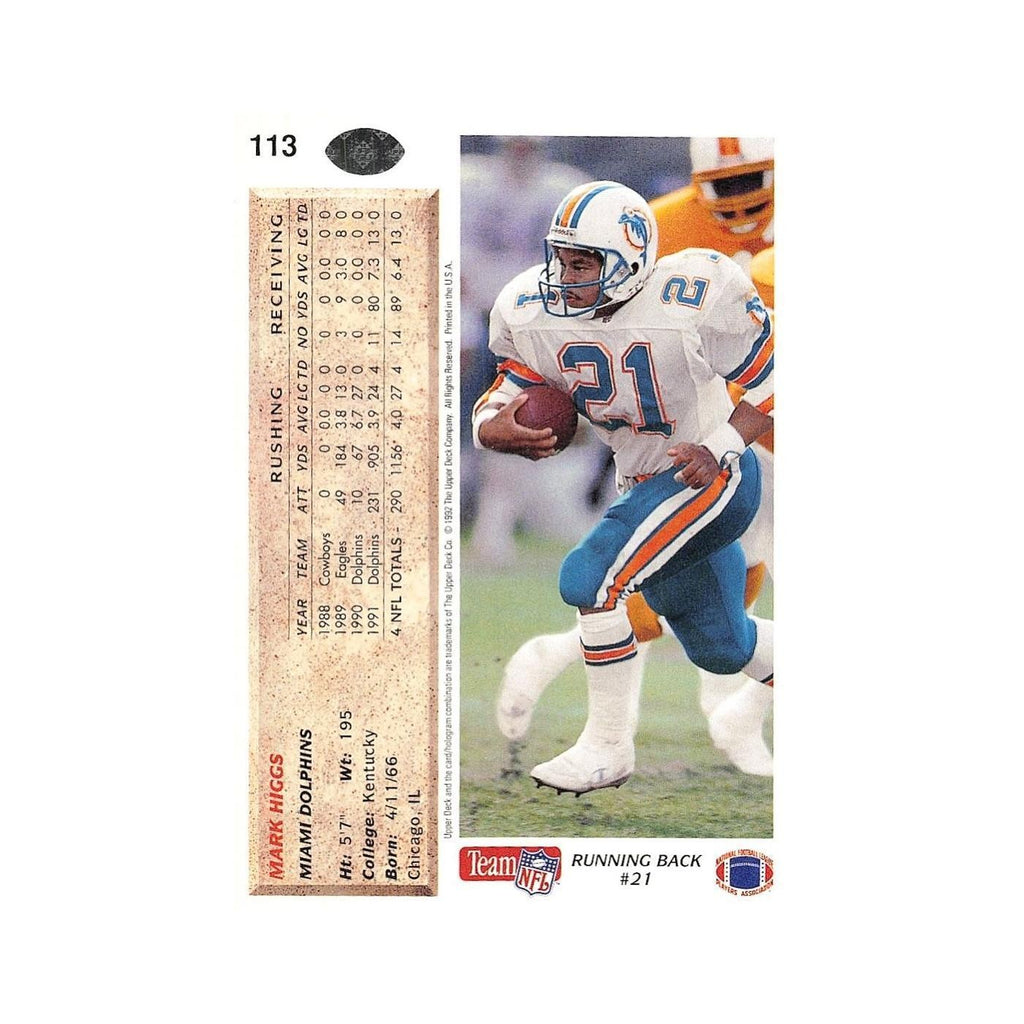 Mark Higgs 1992 Upper Deck #113 Miami Dolphins Football Card NM