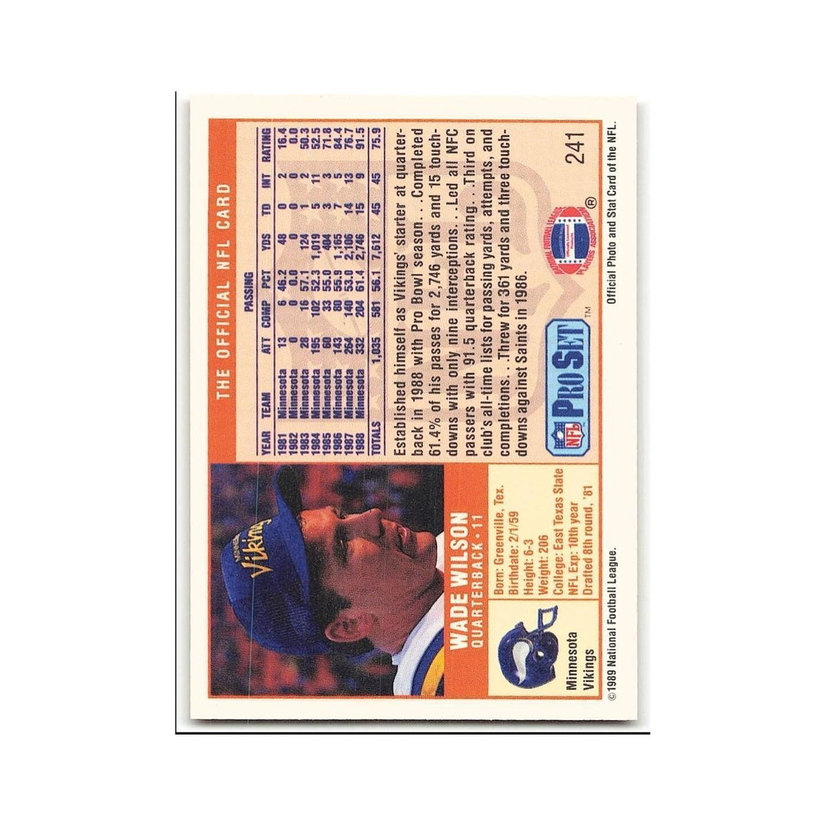 Wade Wilson 1989 Pro Set #241 Minnesota Vikings Football Card NM