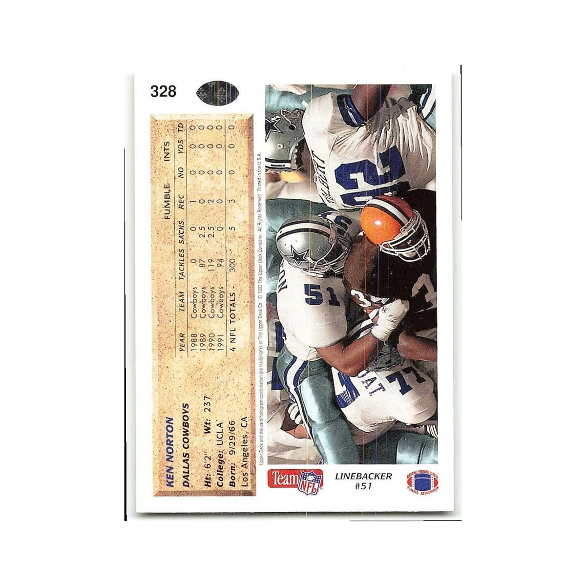 Ken Norton 1992 Upper Deck #328 Dallas Cowboys Football Card NM