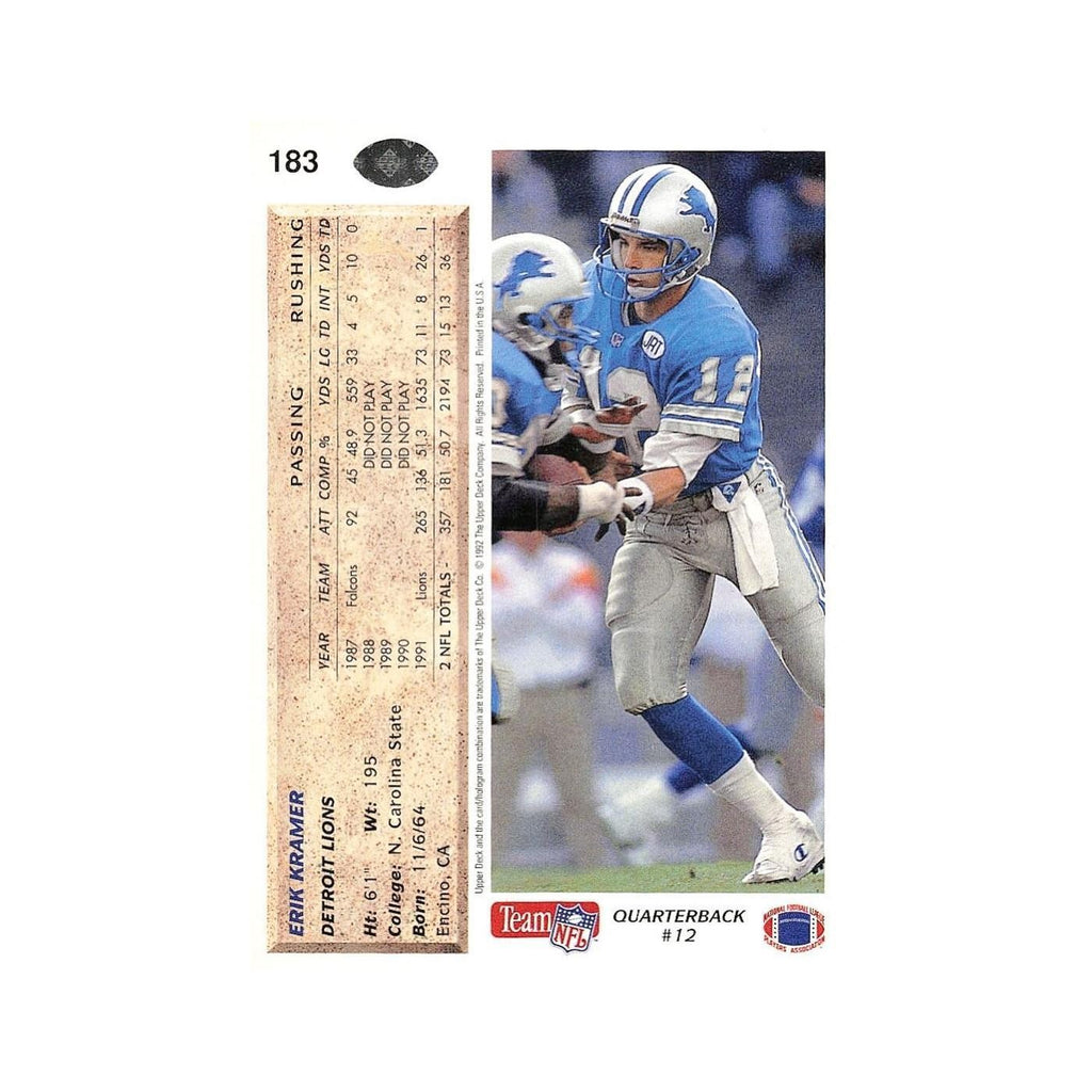 Erik Kramer 1992 Upper Deck #183 Detroit Lions Football Card NM