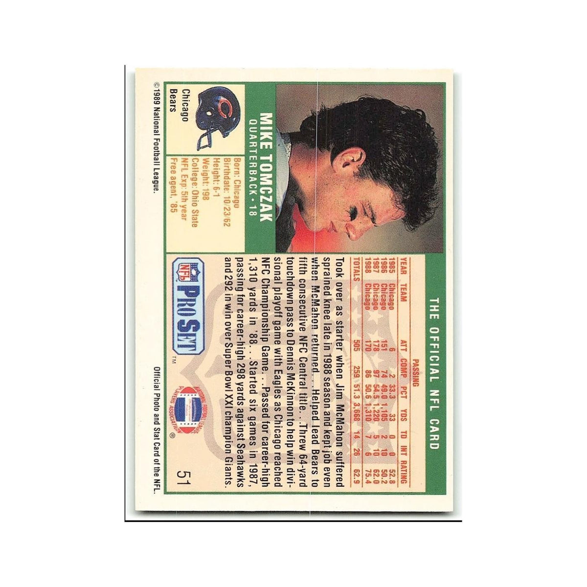 Mike Tomczak 1989 Pro Set #51 Chicago Bears Football Card NM